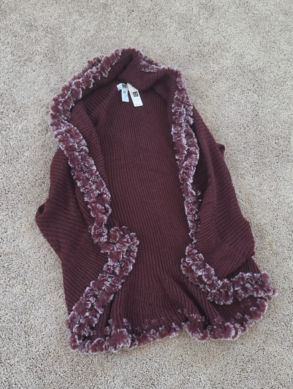 Laundry By Shelli Segal Wine Faux-Fur Trim Open Cardigan